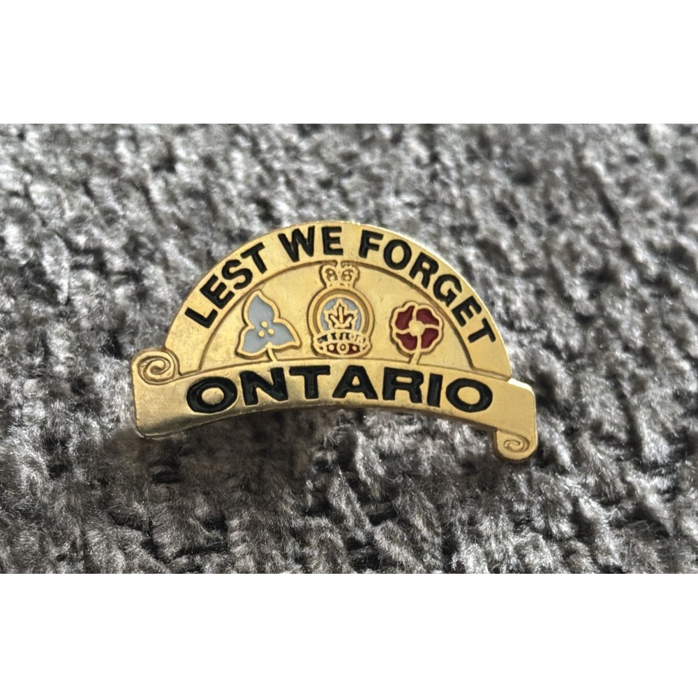 Lest We Forget Ontario Canada Pin Hat Lapel Badge Pinback Signed AT Gold Tone